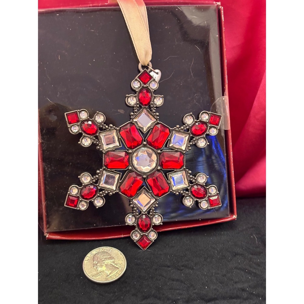 St Nicholas Square Snowflake Ornament Red Clear Crystals Silver Tone 77382R